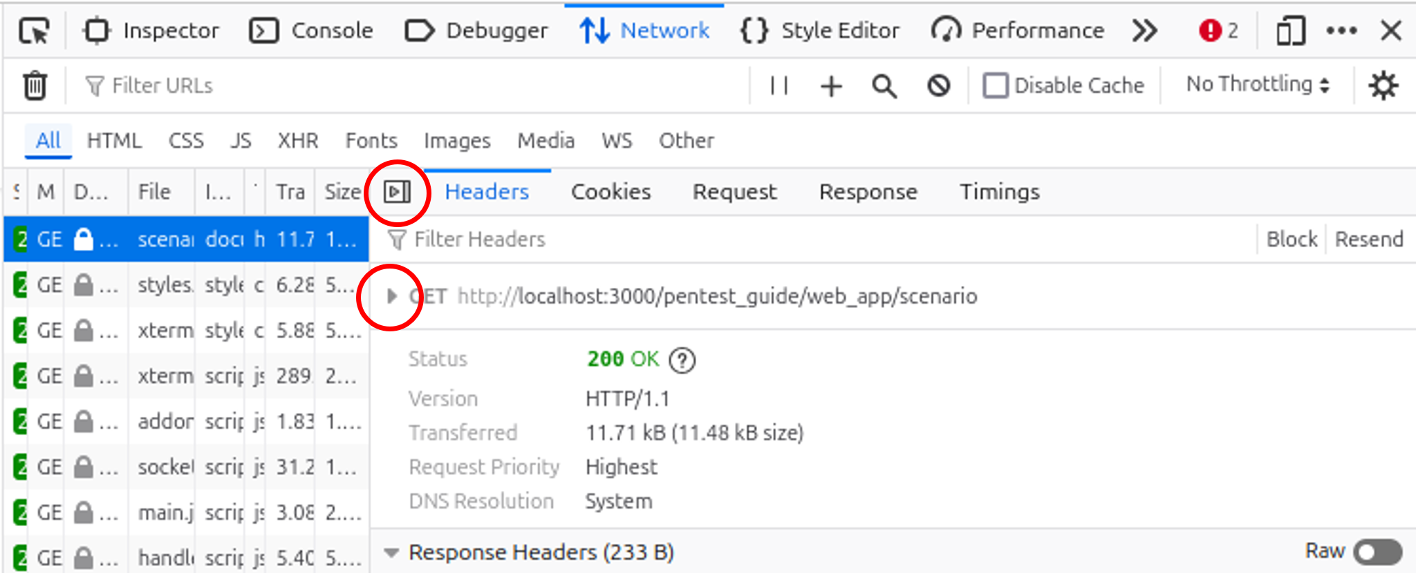 Displaying headers of HTTP communication