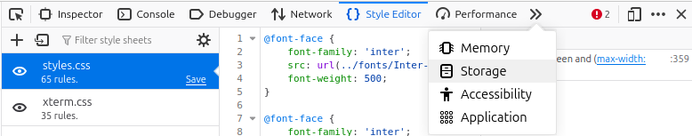 Displaying the storage tab
